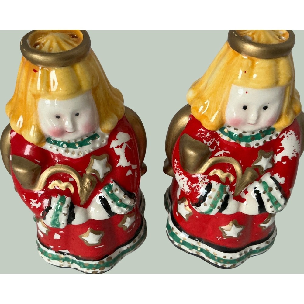 Vintage Angel Salt and Pepper Shakers Christmas Red Gold Ceramic Set 3.25in